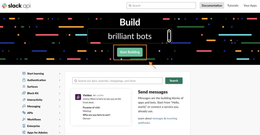 Slack APIトップページ画面